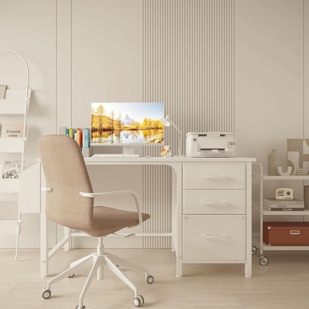 47 Inch White Computer Desk With Fabric File Drawers