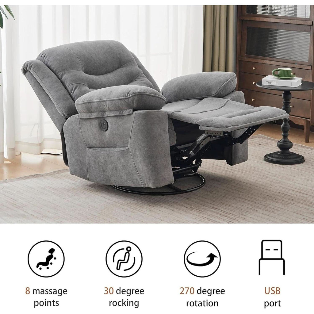 Grey Swivel Recliner With Massage And Heat Therapy