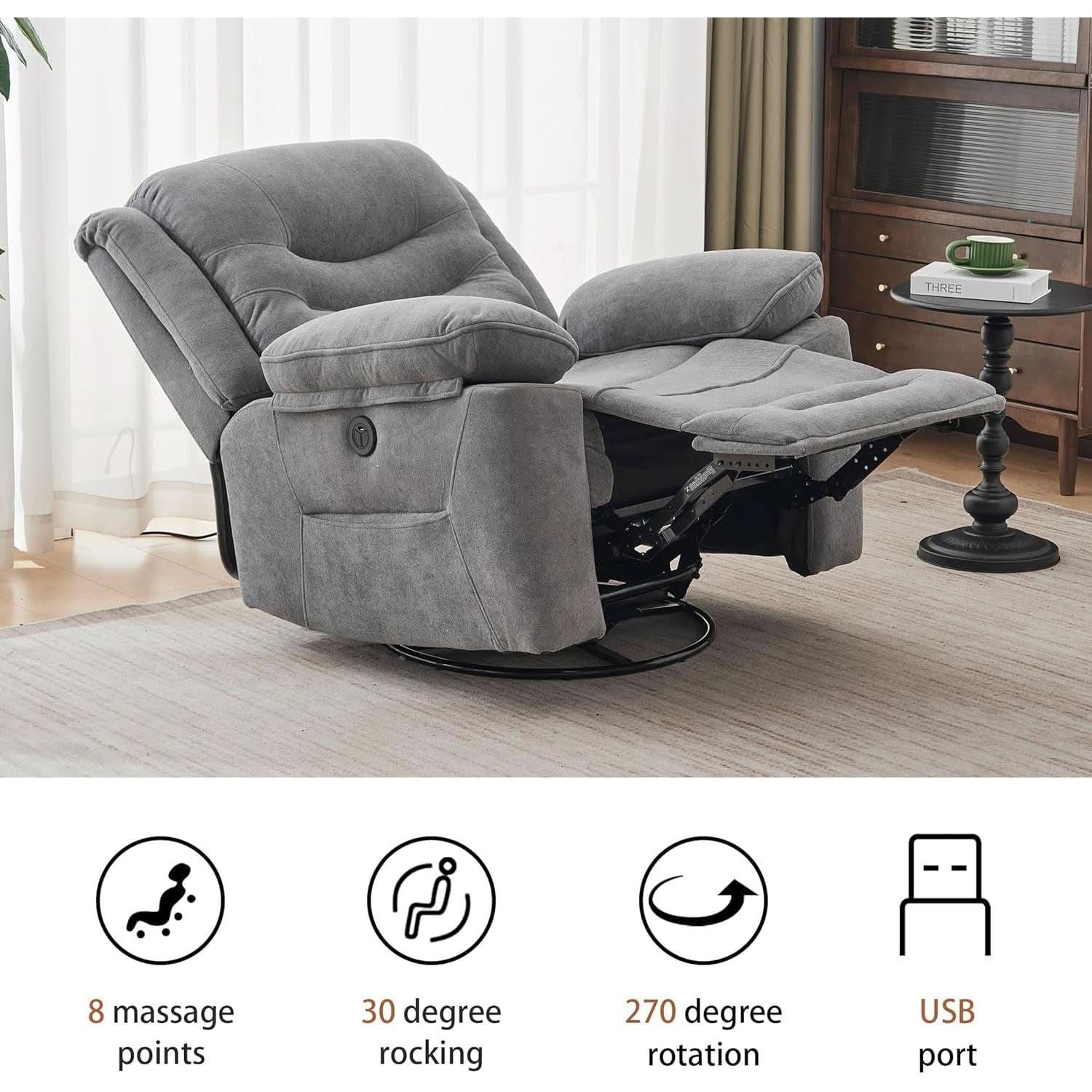 Grey Swivel Recliner With Massage And Heat Therapy