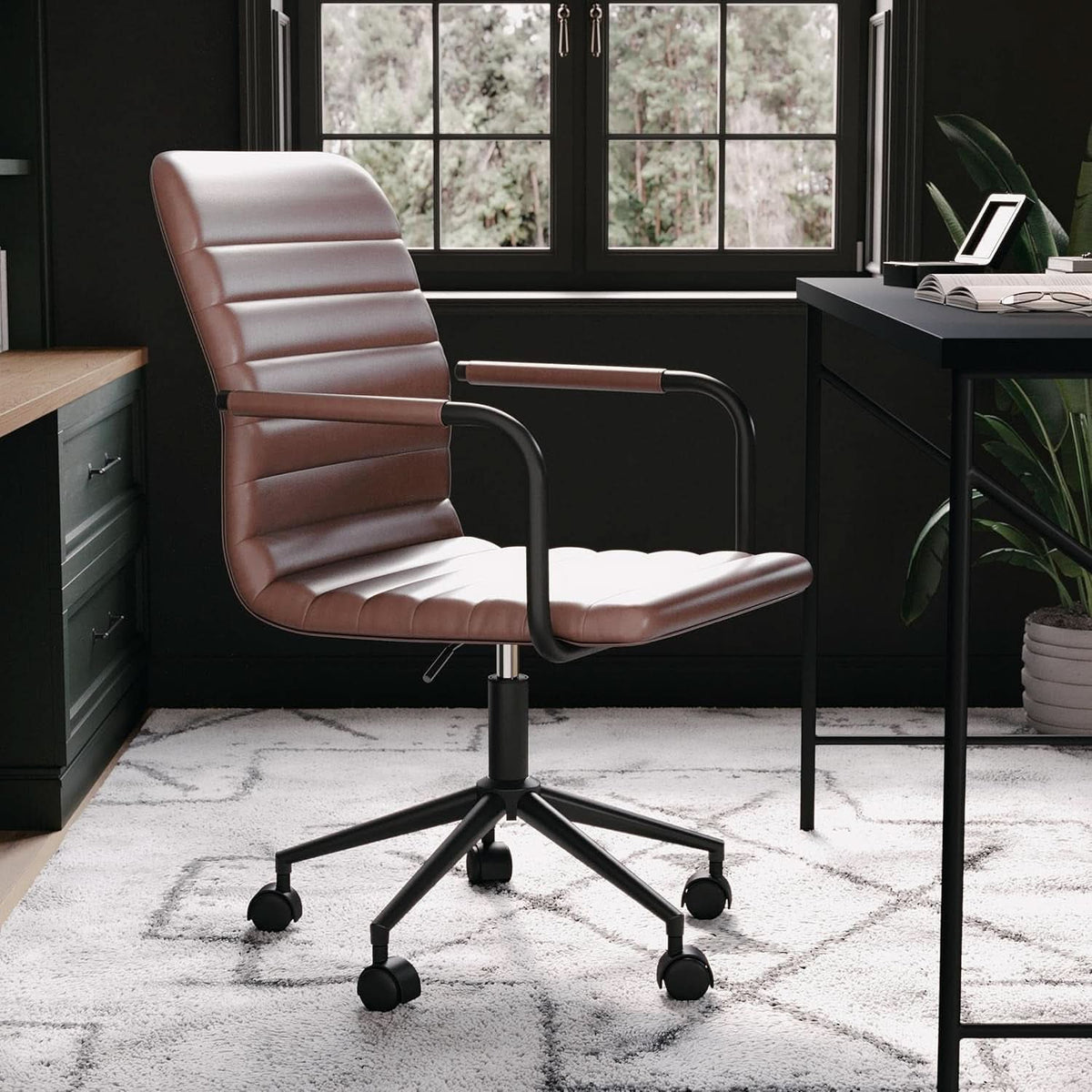 Saddle Brown Faux Leather Swivel Task Chair With Armrests