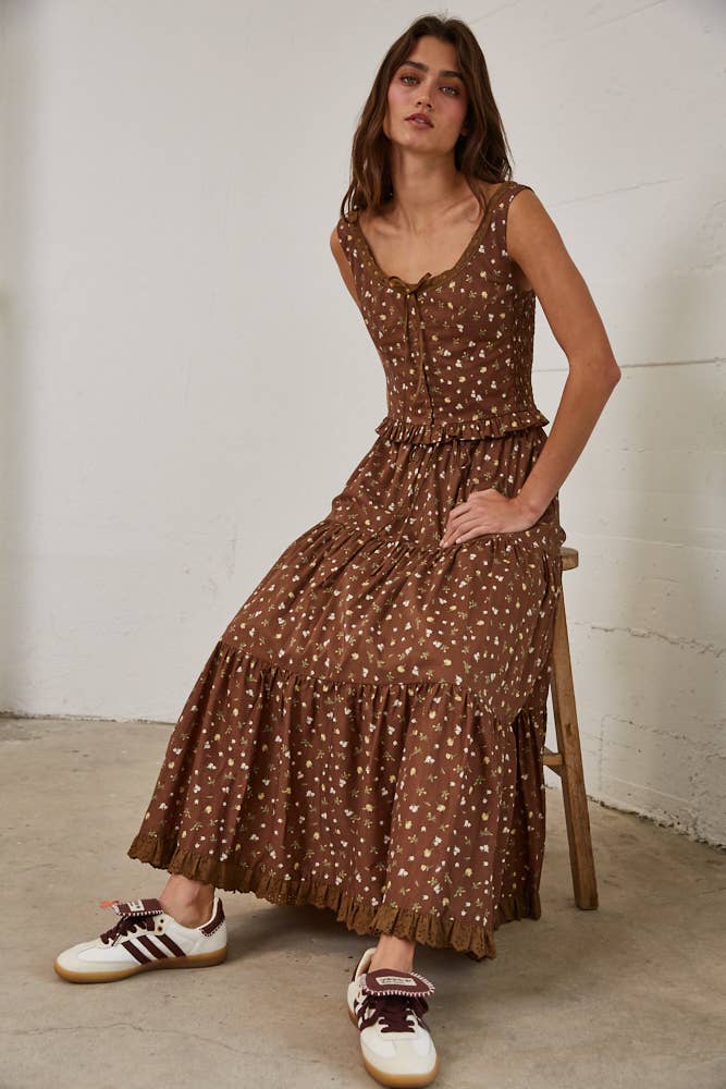 Floral Lace Trim Front Tie Top & Skirt Set