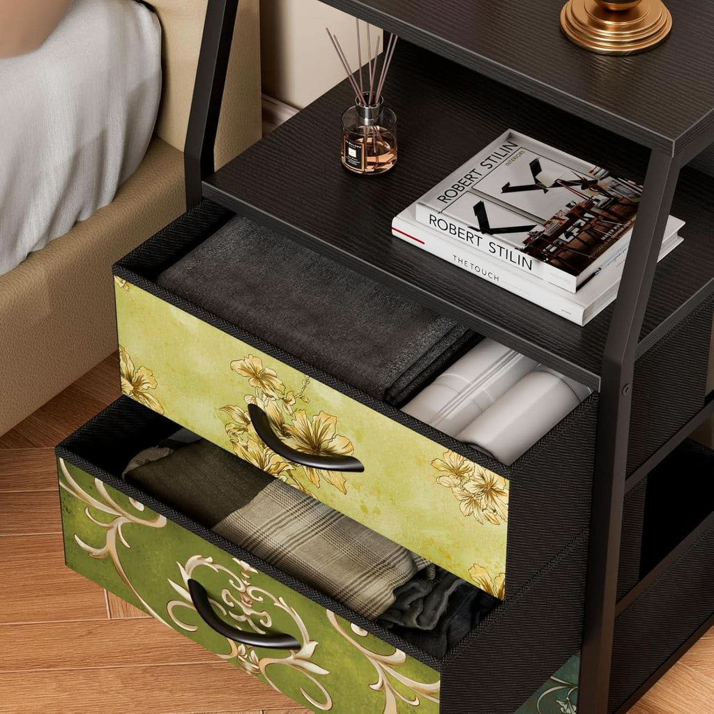 Retro Nightstand With 3 Drawers And 2 Tier Shelf Storage