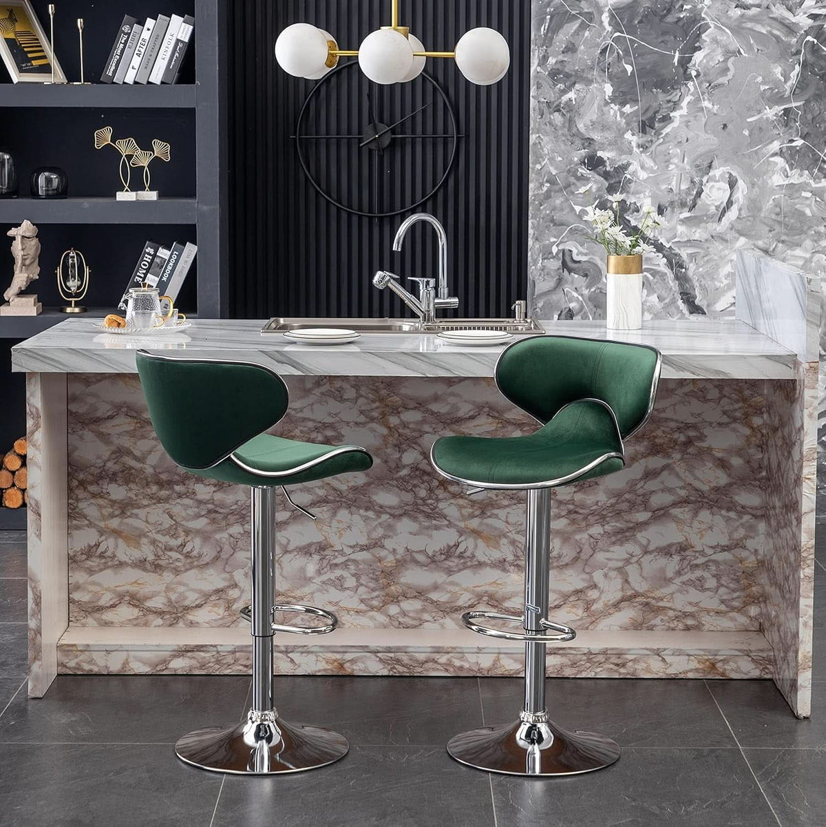 Green Velvet Upholstered Adjustable Swivel Bar Stools Set 2