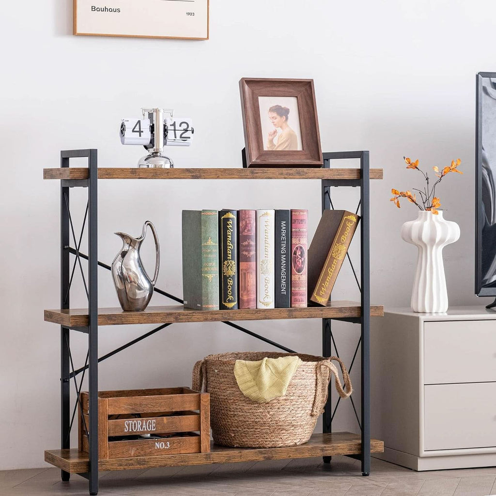3 Tier Industrial Bookshelf Rustic Wood And Metal Open