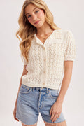 POINTELLE BUTTON DOWN SHIRT KNIT CARDIGAN: IVORY
