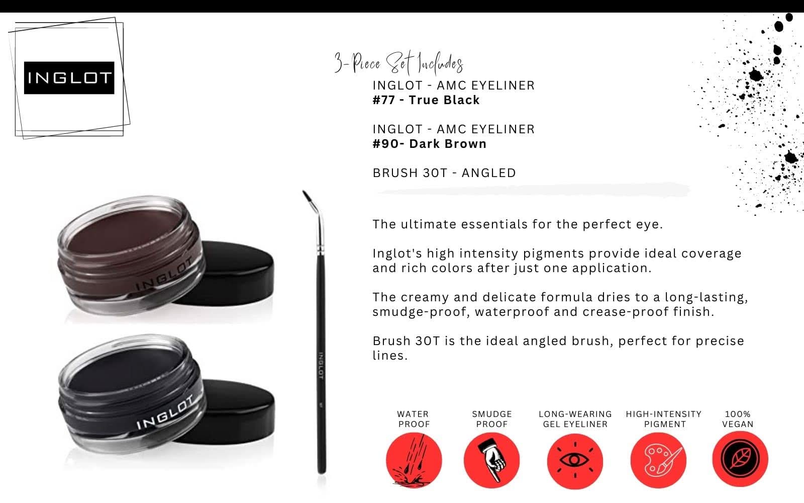 INGLOT AMC Eyeliner Gel Bundle - GEL 77 + GEL 90 + 30T Brush