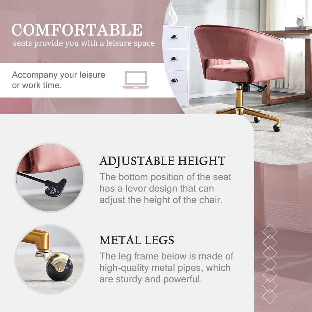 Pink Velvet Swivel Home Office Chair 360 Degree With Gold Base