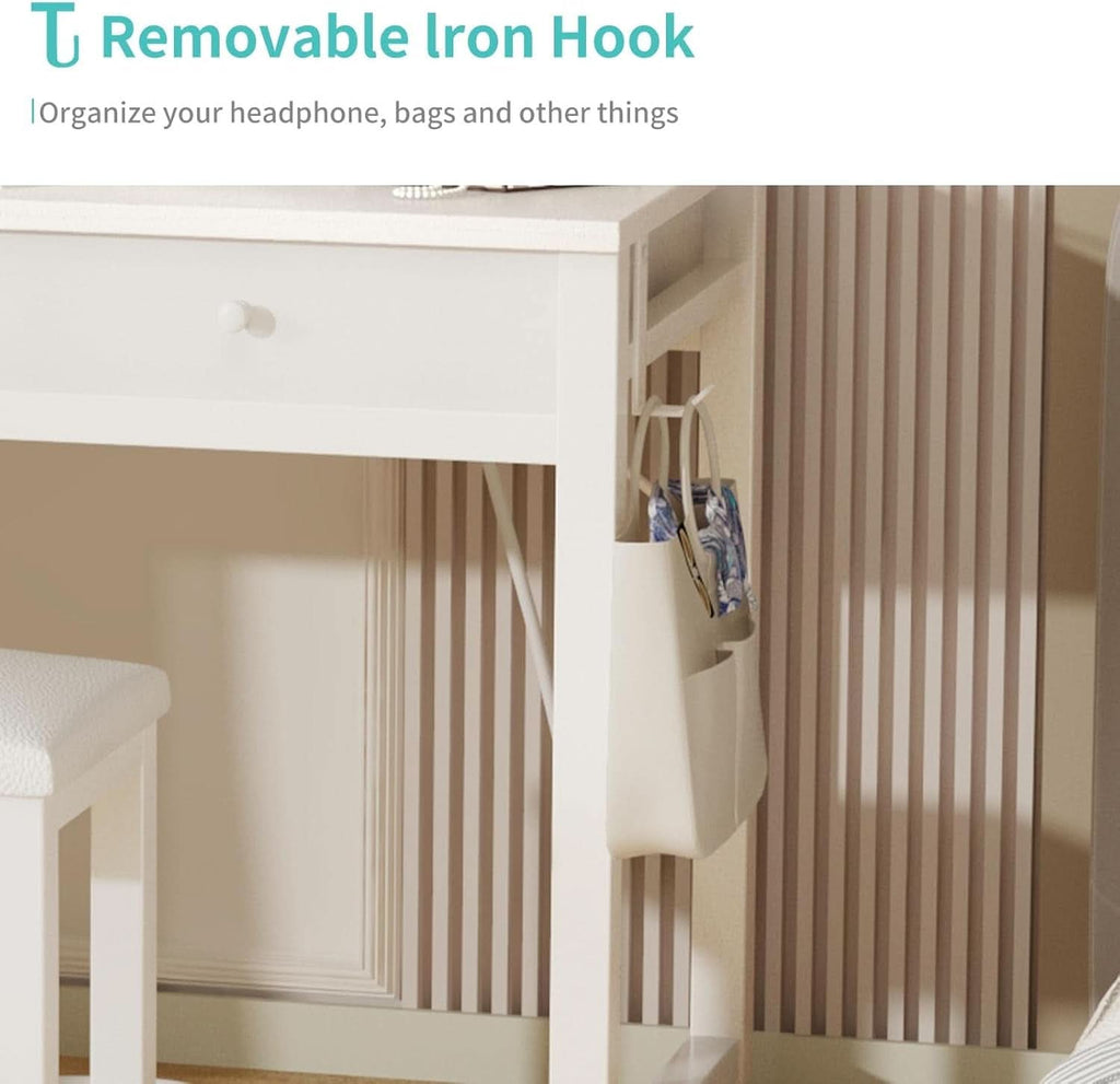 32 Inch White Vanity Desk With LED Mirror And Power Outlets