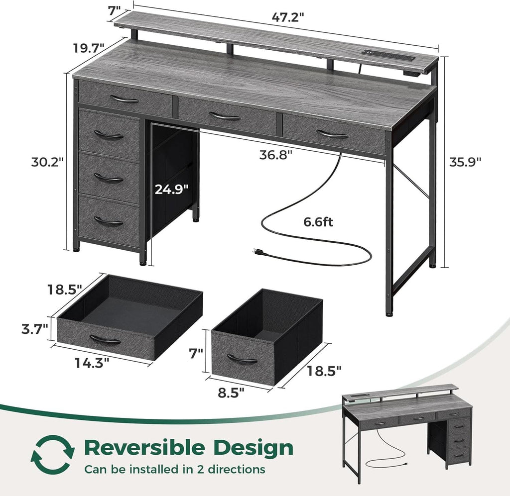 47 Inch Grey Gaming Desk With LED Lights And Drawers