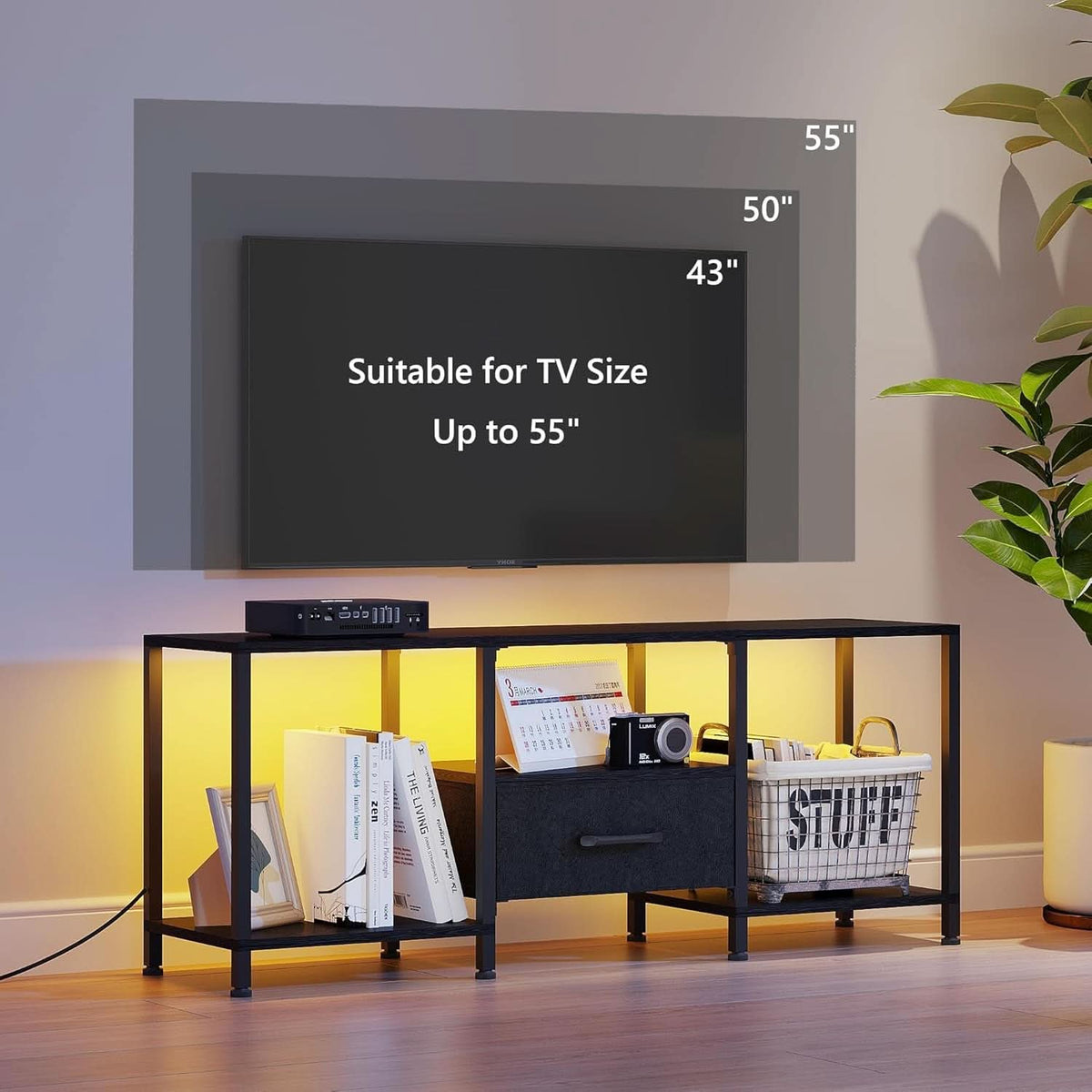 LED TV Stand For 55 Inch TVs With Open Shelves Black