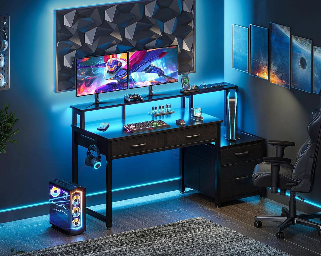 48-Inch Black Gaming Desk With LED Lights And Power Outlets