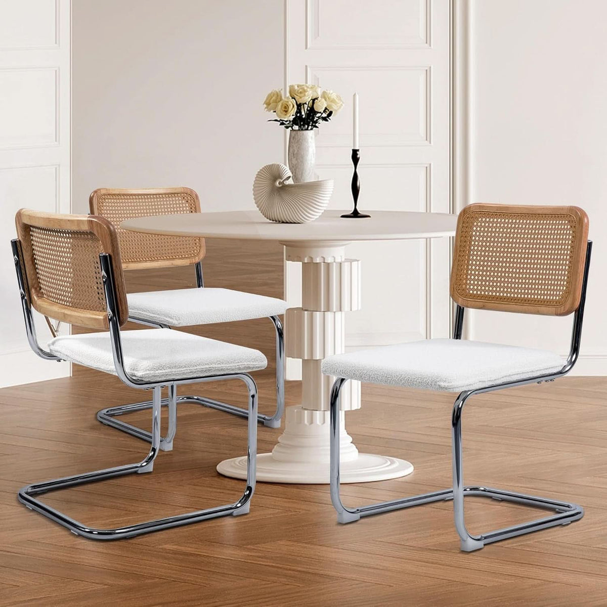 Modern Cesca Cane Dining Chairs With White Boucle Seat