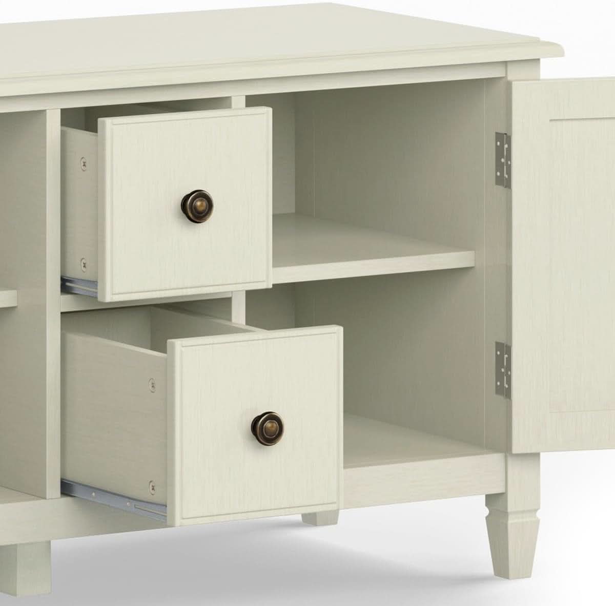 72 Inch Wide Solid Wood TV Stand Antique White With Storage