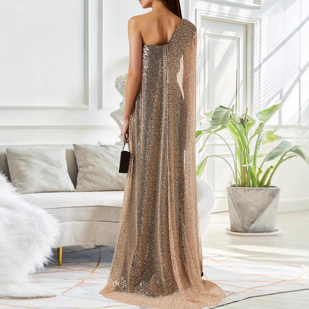 One-shoulder Cloak Slit Black Dress