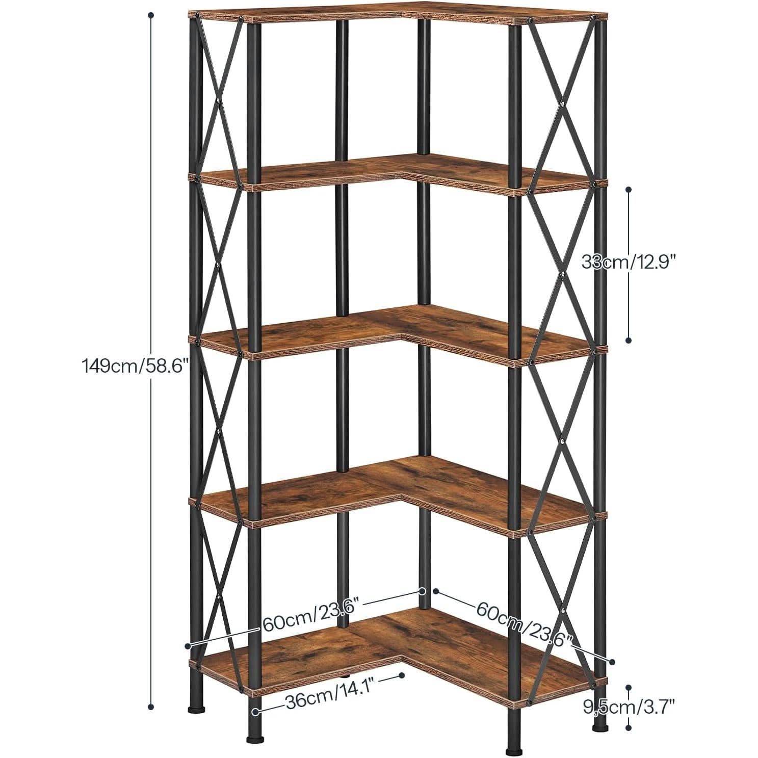 Corner Bookshelf 5-Tier L-Shaped Industrial Bookcase In Rustic Brown