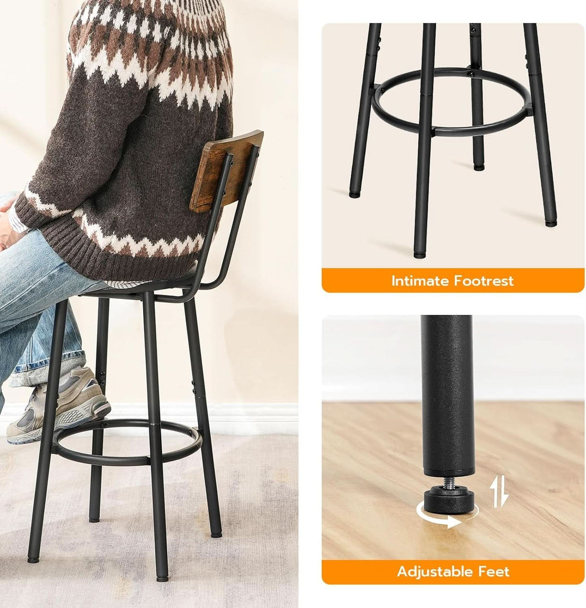 Rustic Brown PU Bar Stools Set of 2 26 Inch With Footrest