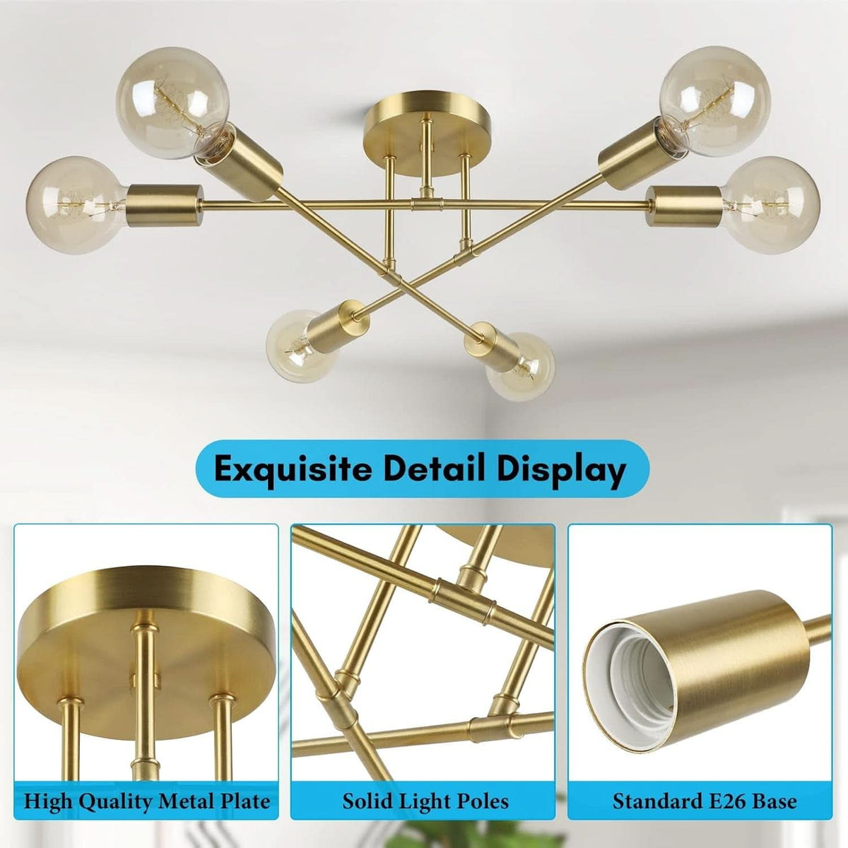 Gold Sputnik Chandelier Semi Flush Mount Ceiling Fixture