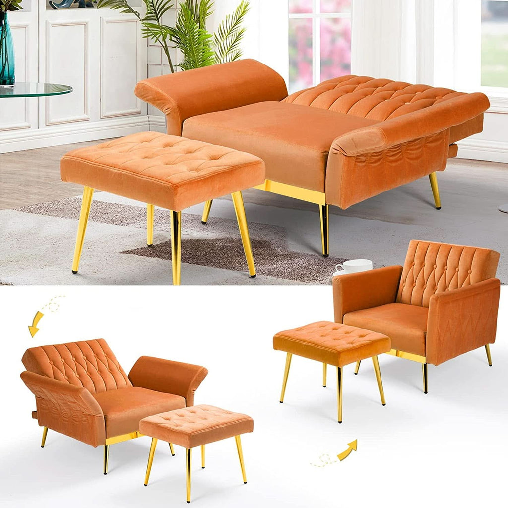 Velvet Armchair With Ottoman And Adjustable Backrest Orange