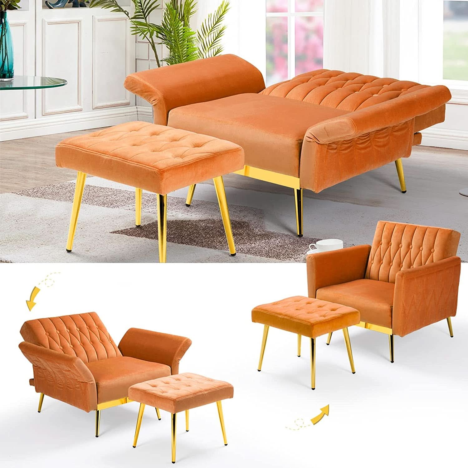 Velvet Armchair With Ottoman And Adjustable Backrest Orange
