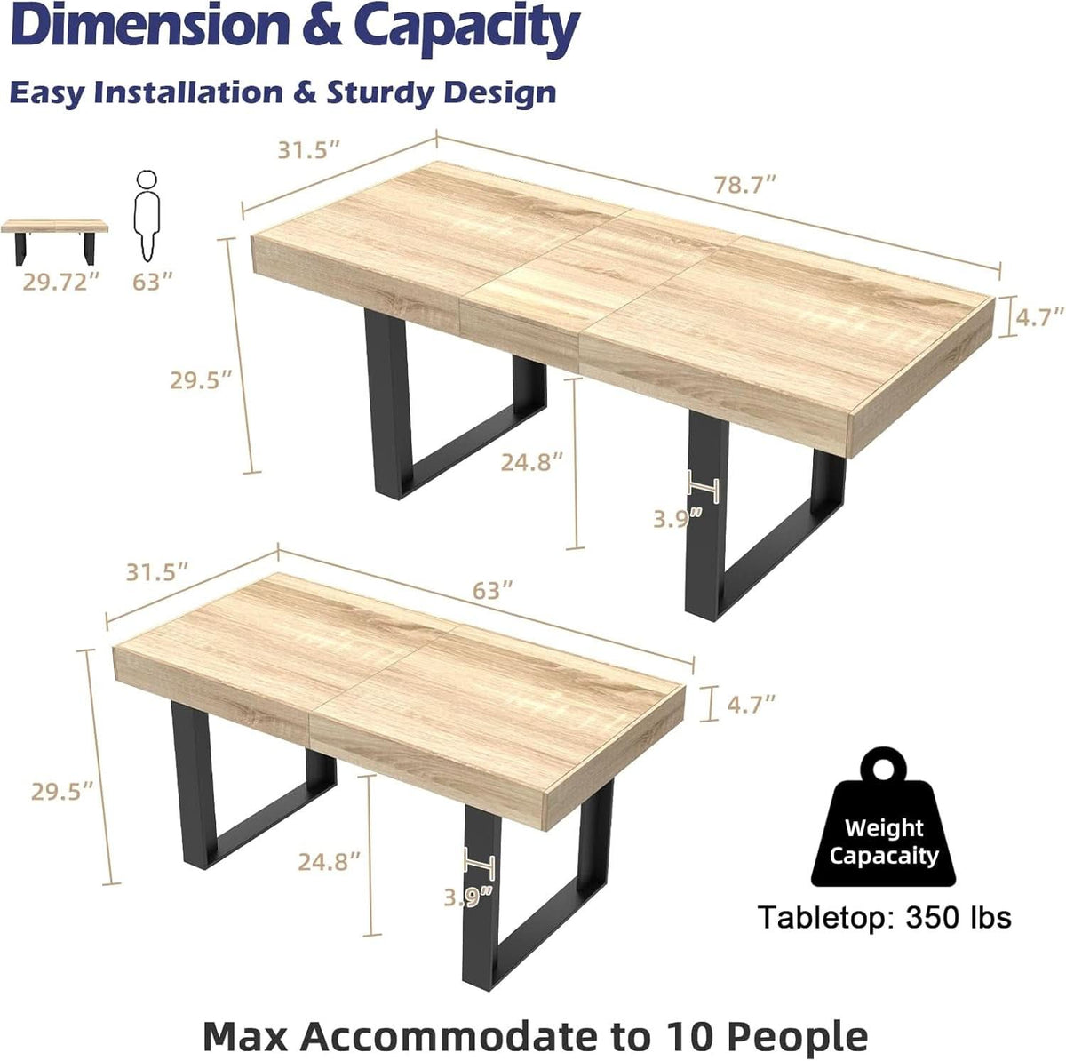 63-79 Inch Extendable Dining Table Rustic Oak Finish