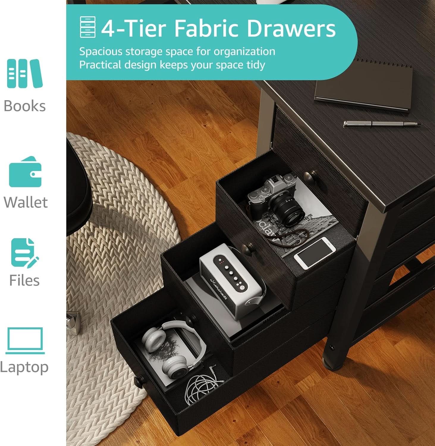 40 Inch Small Gaming Desk With Fabric Drawers Black