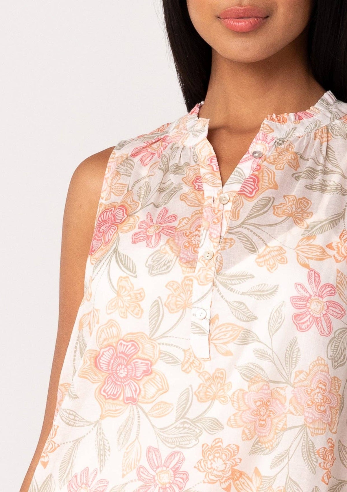 Sheer Floral Button Front Ruffle Neck Tank Top: Natural/Coral