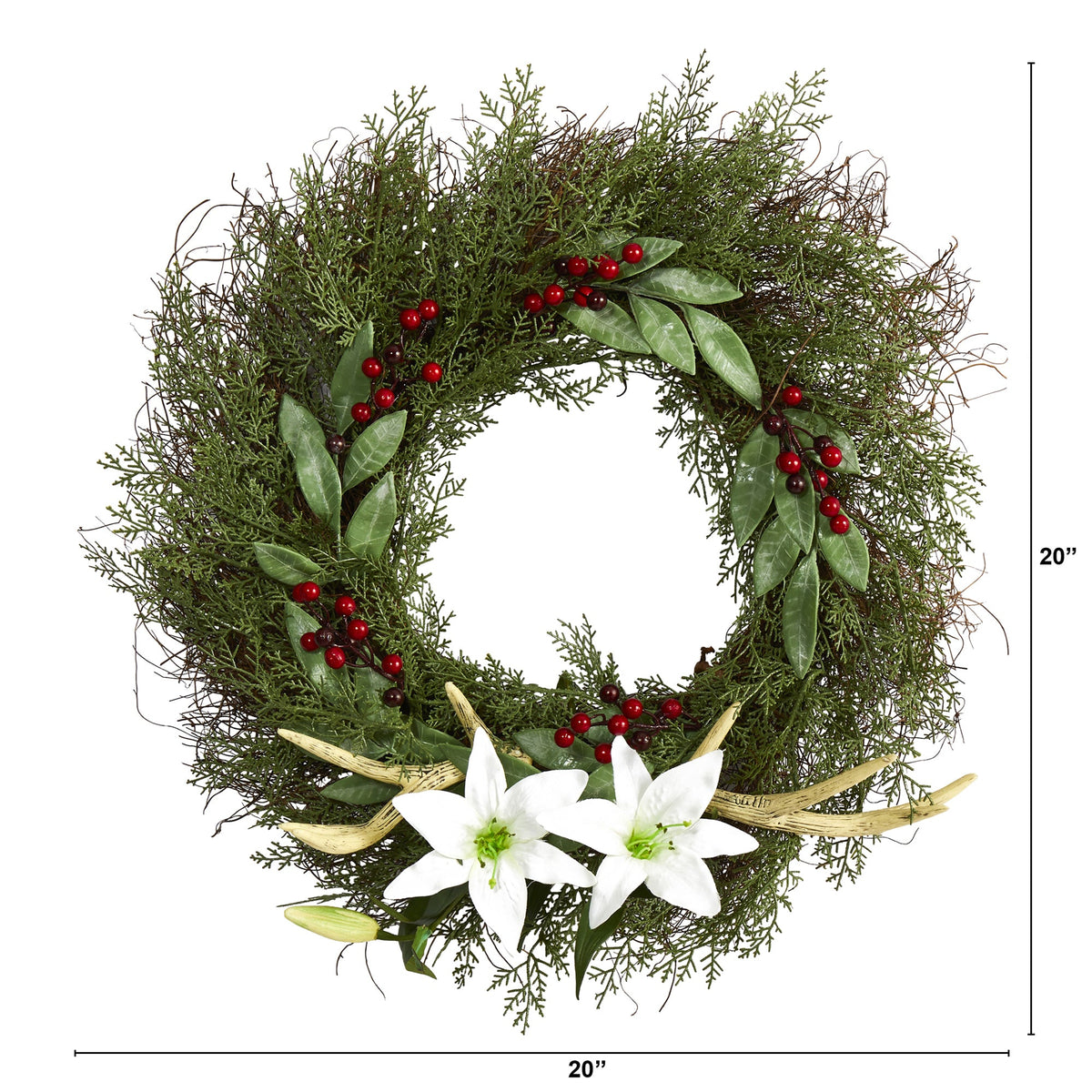 20" Cedar, Antlers, Lily and Ruscus with Berries Artificial Wreath