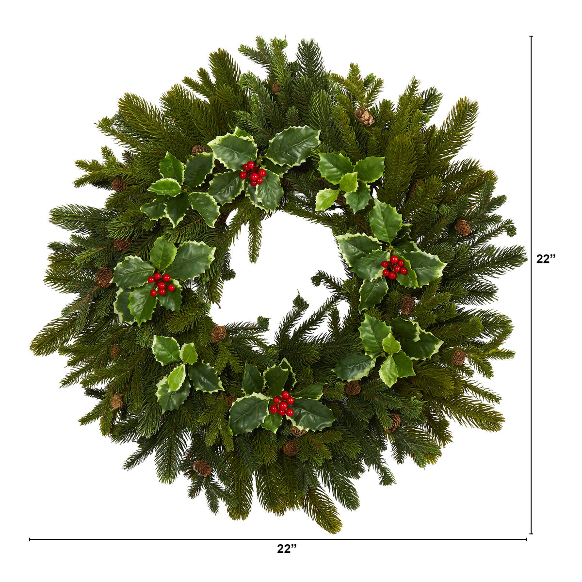 22" Pine, Pinecone and Variegated Holly Leaf Artificial Wreath