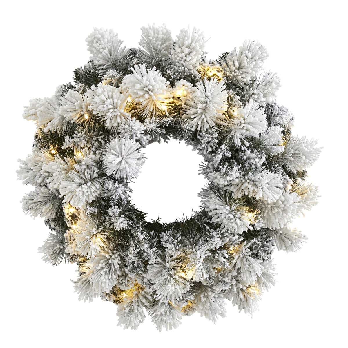 24" Flocked Artificial Christmas Wreath w/30 Warm White LED Lights