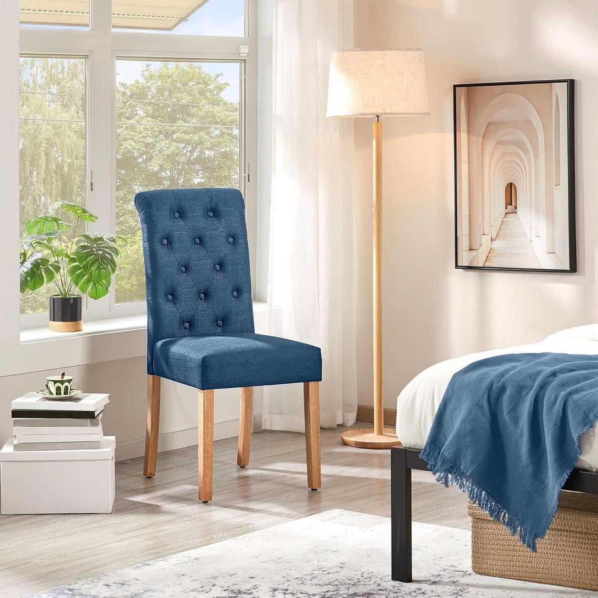 Blue Button Tufted Dining Chairs Set Of 2 With Solid Wood Legs