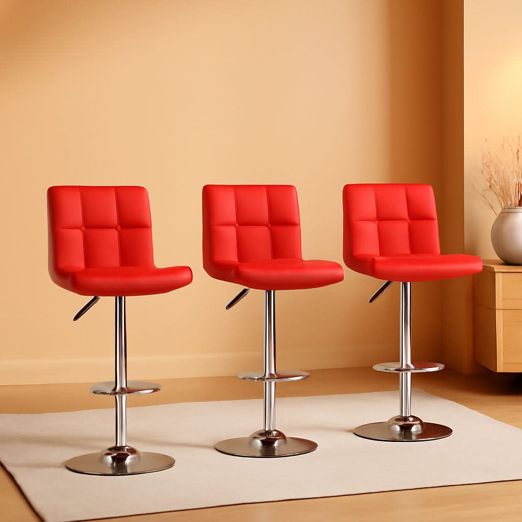 Red Adjustable Swivel Bar Stools Set Of 2 PU Leather