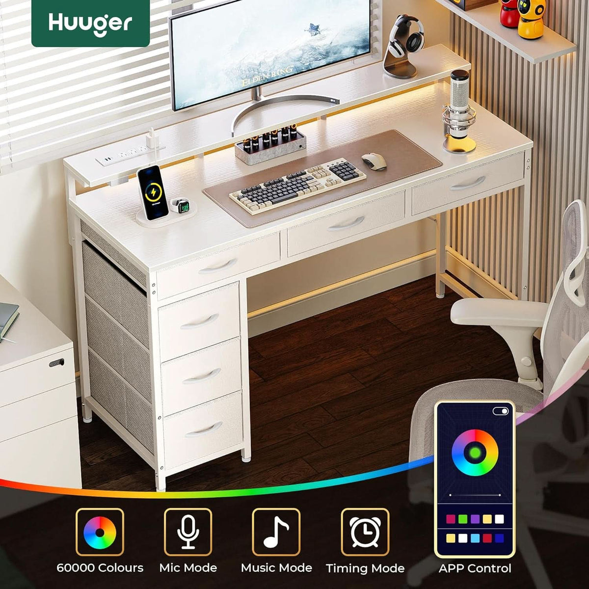 White 47 Inch LED Gaming Desk With 6 Drawers USB Type C