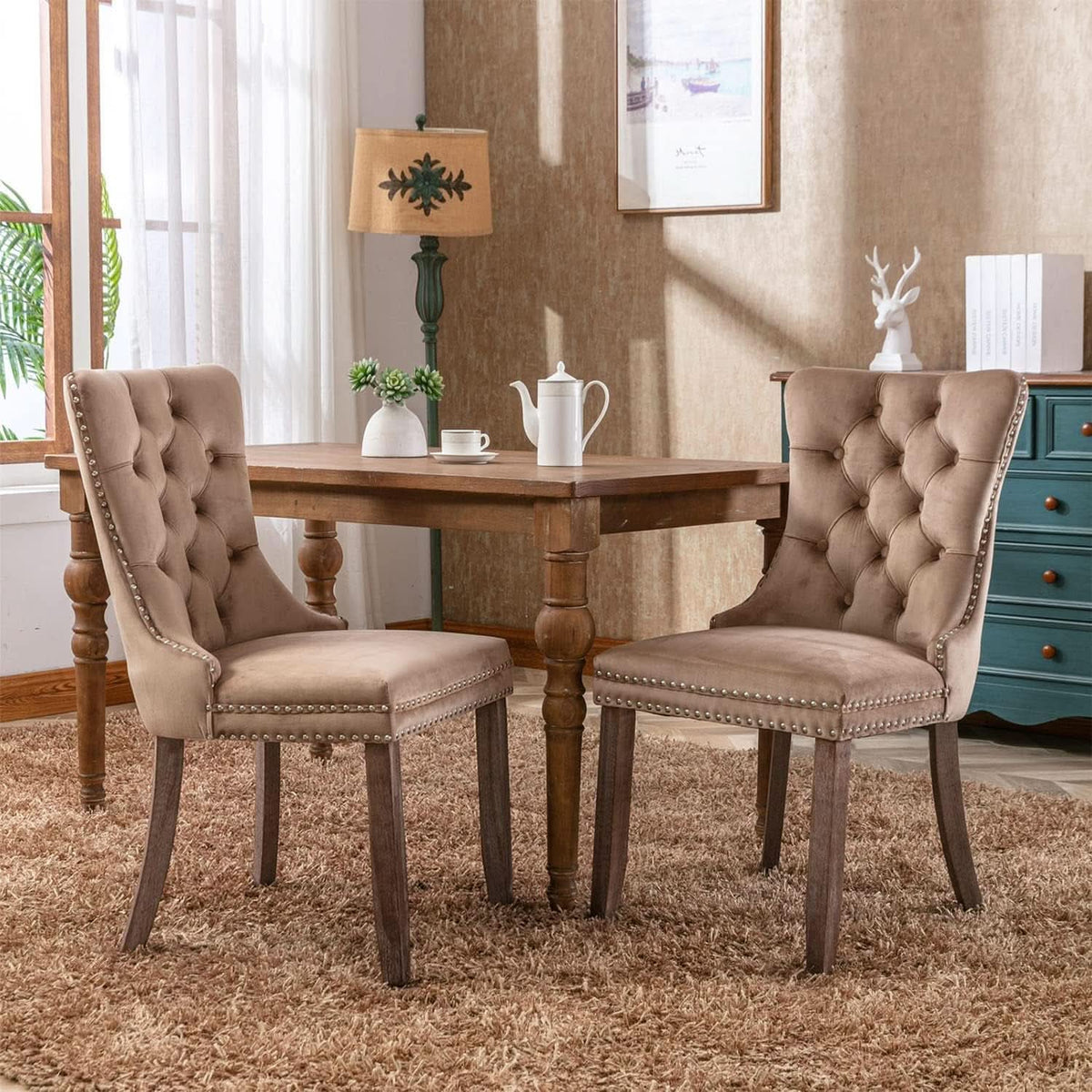 Khaki Velvet Dining Chairs Set Of 4 With Tufted Upholstery