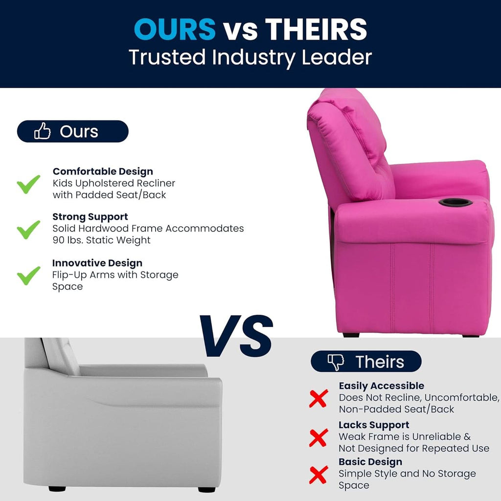 Hot Pink Kids Recliner With Cup Holder Compact Design