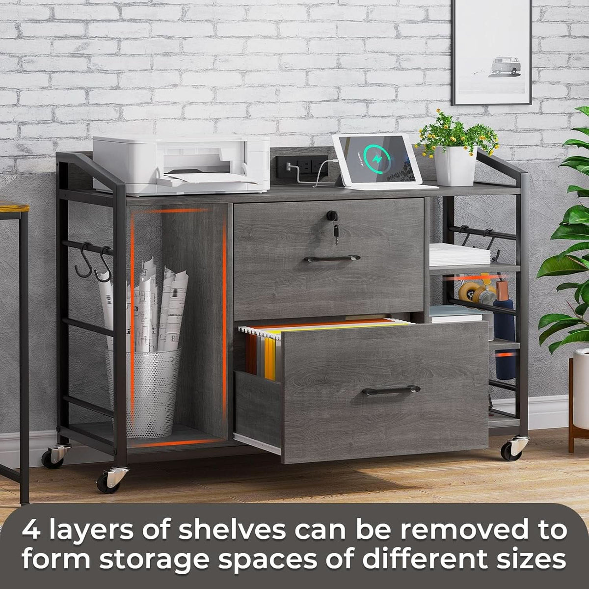 44 Inch 2 Drawer File Cabinet Grey With Lock For Office