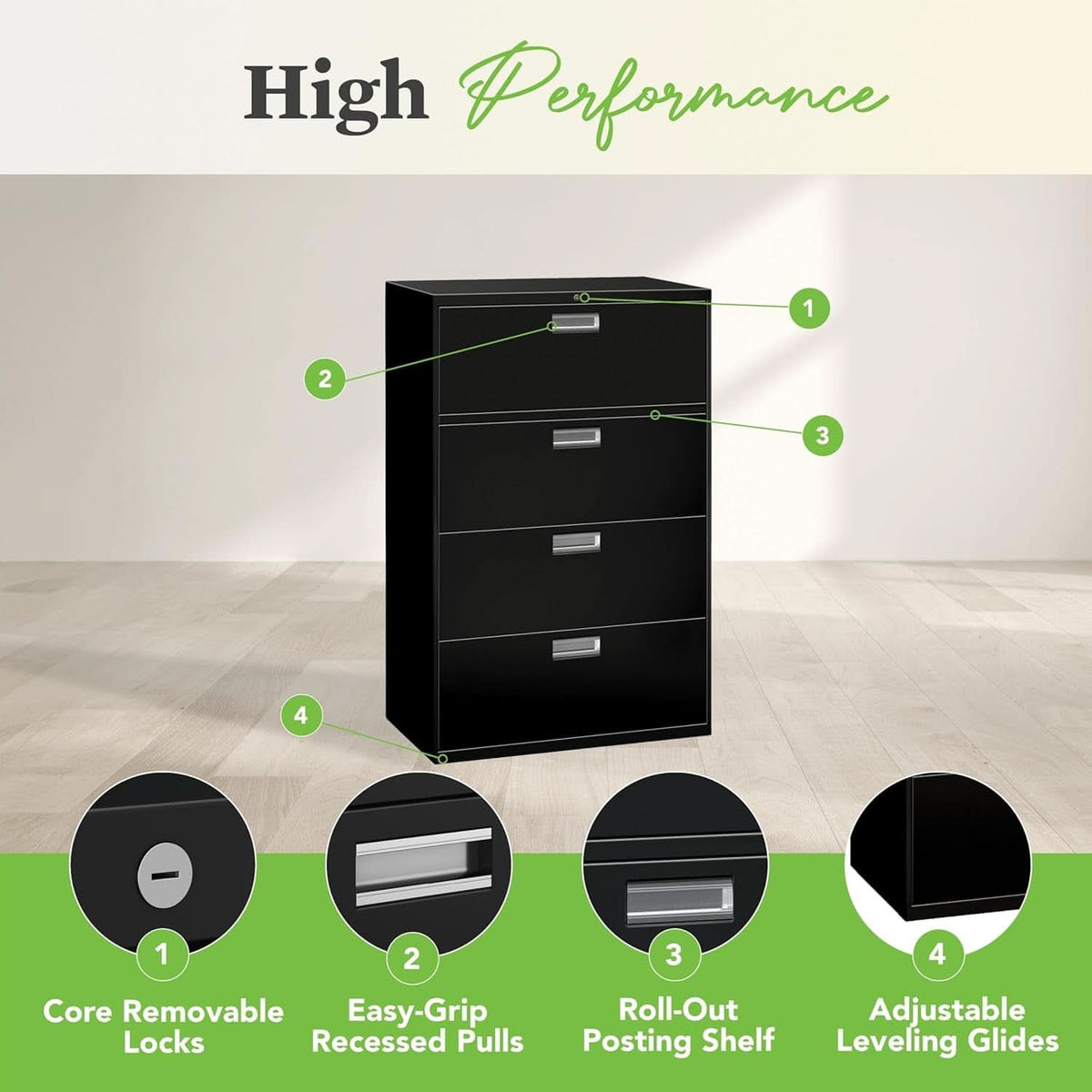 Lateral File Cabinet 4 Drawer Black Metal Office Storage