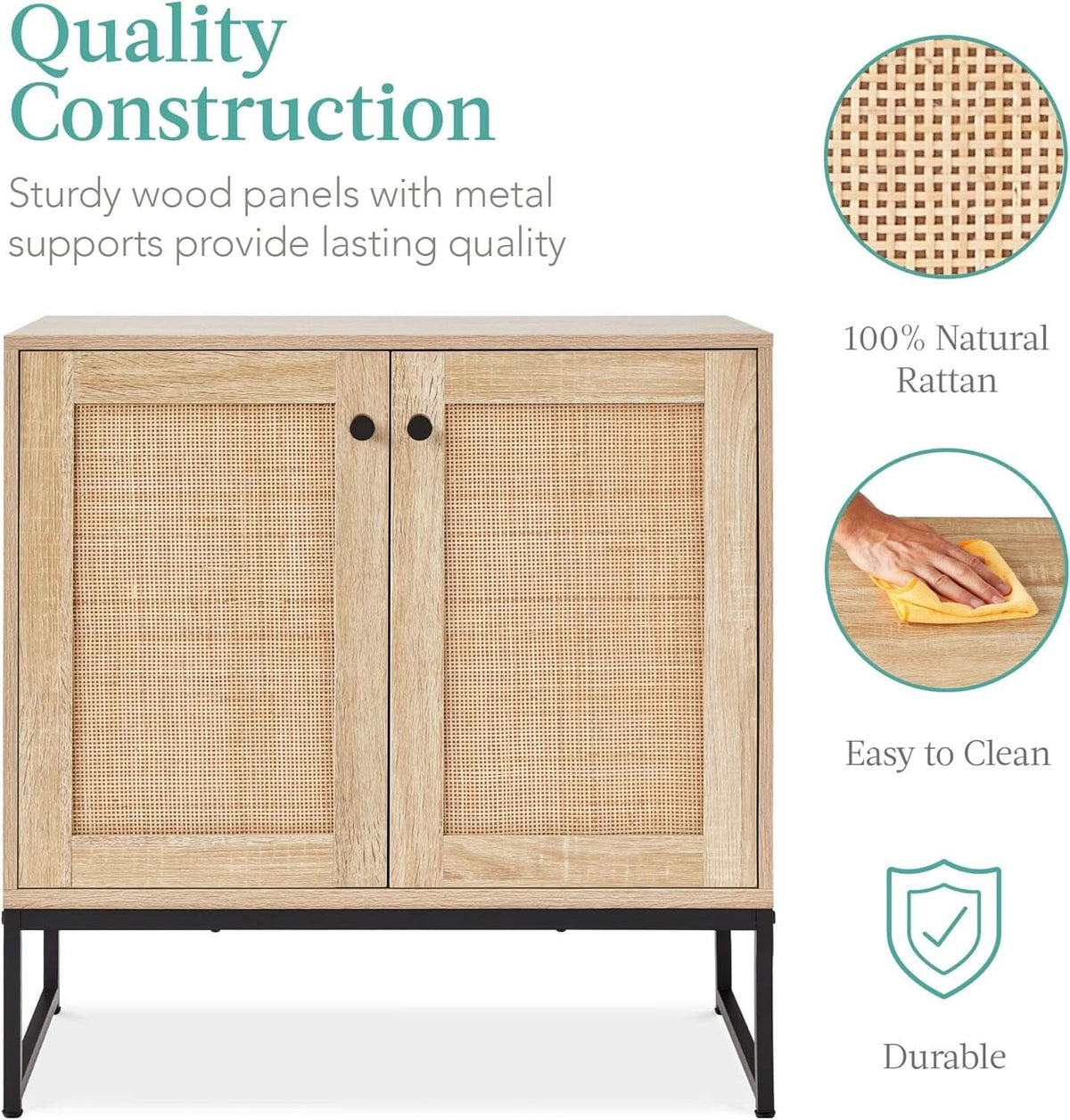 Two Door Rattan Storage Cabinet Natural Finish With Non Scratch Foot Pads For Living Room Hallway Kitchen