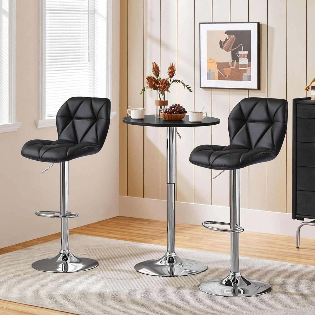 Set Of 2 Modern Adjustable Black PU Leather Bar Stools
