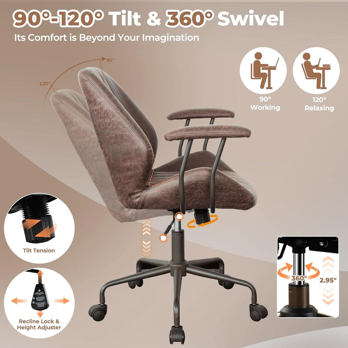 Ergonomic Leather Office Chair Dark Brown Mid Century Modern