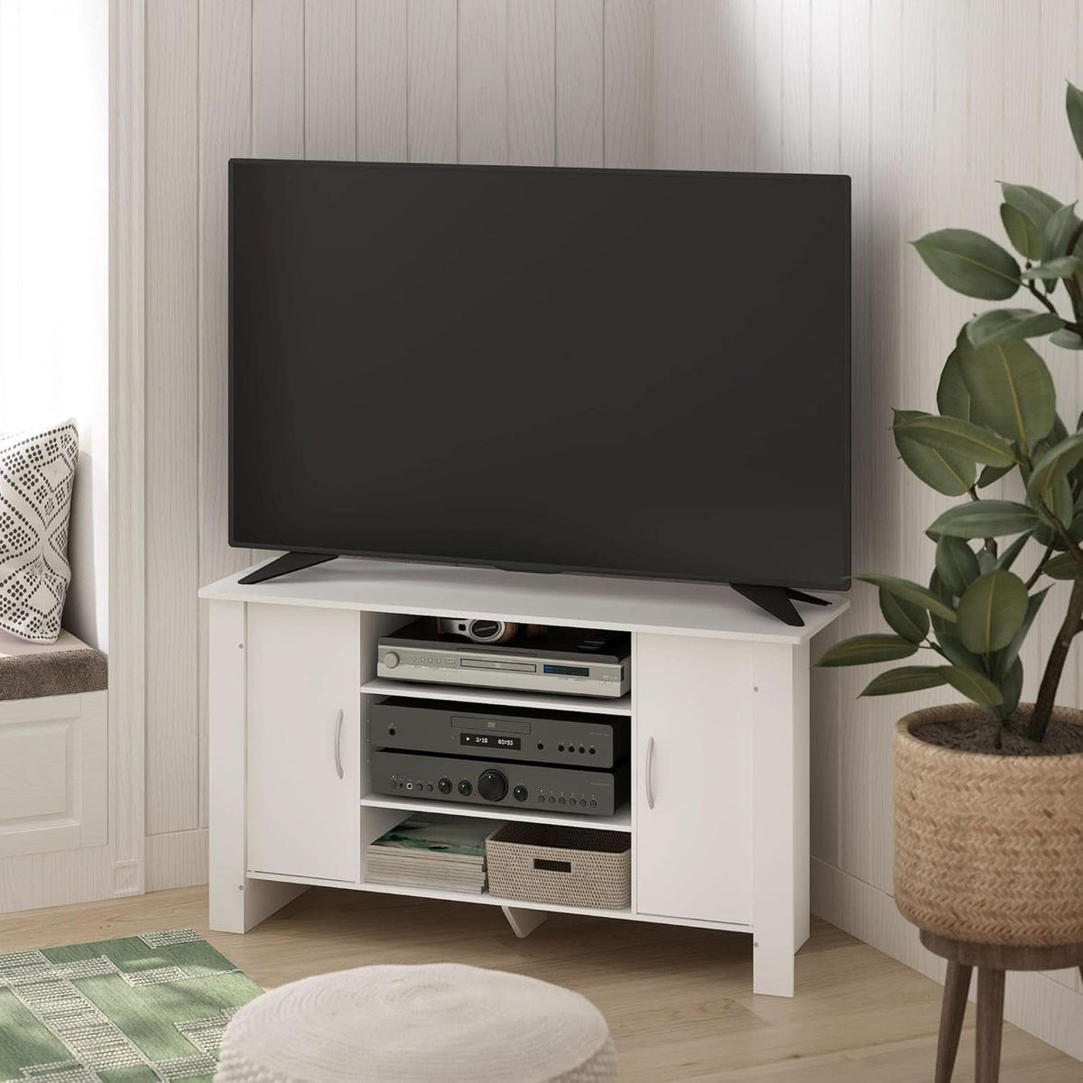 50 Inch White TV Stand With Concealed Storage And Shelves