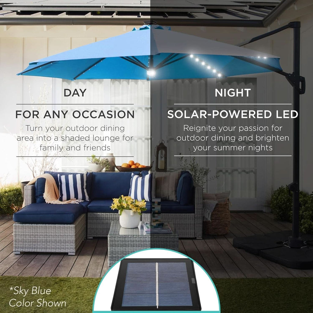 10 Foot Solar LED Cantilever Patio Umbrella With 360 Degree Rotation And Integrated Lights