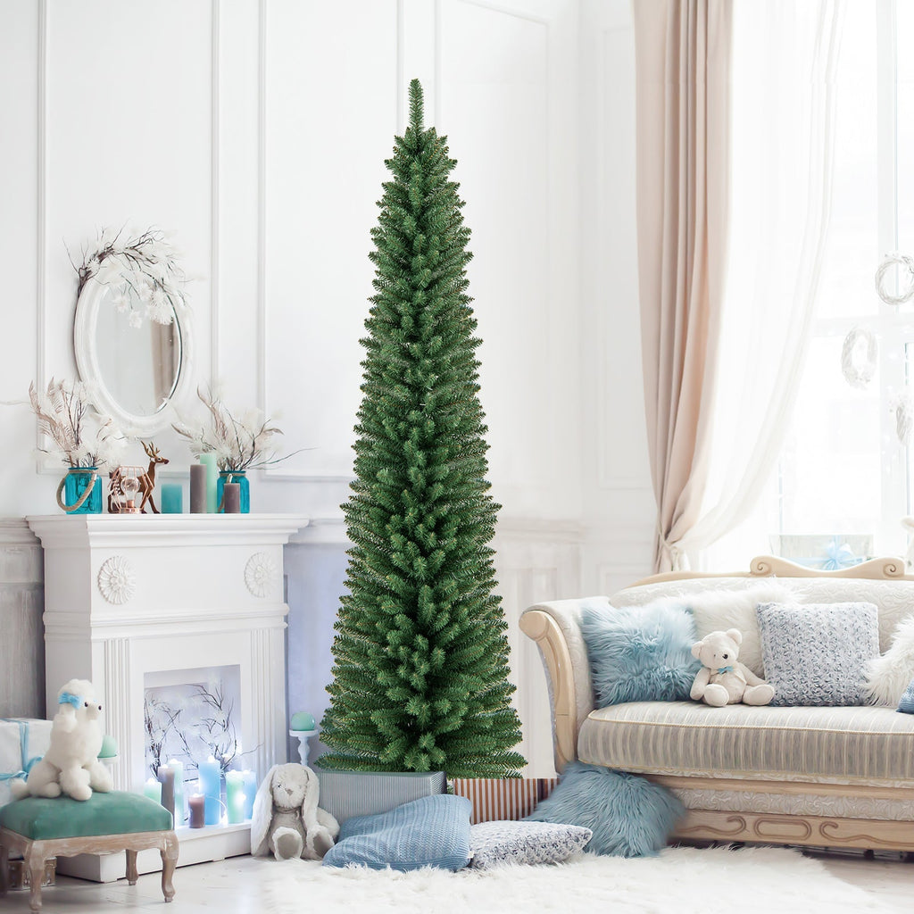 5/6/7/8 Feet Pencil Christmas Tree with 295/392/523/671 Memory Wire Branch Tips and Upgraded Metal Stand