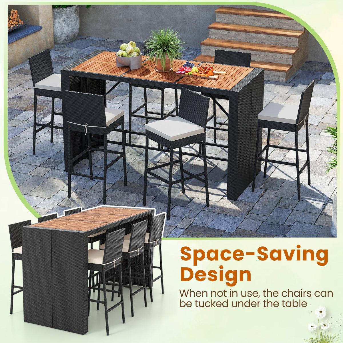 7 Pieces Patio Rattan Bar Set with Seat Cushions for Porch Yard Garden