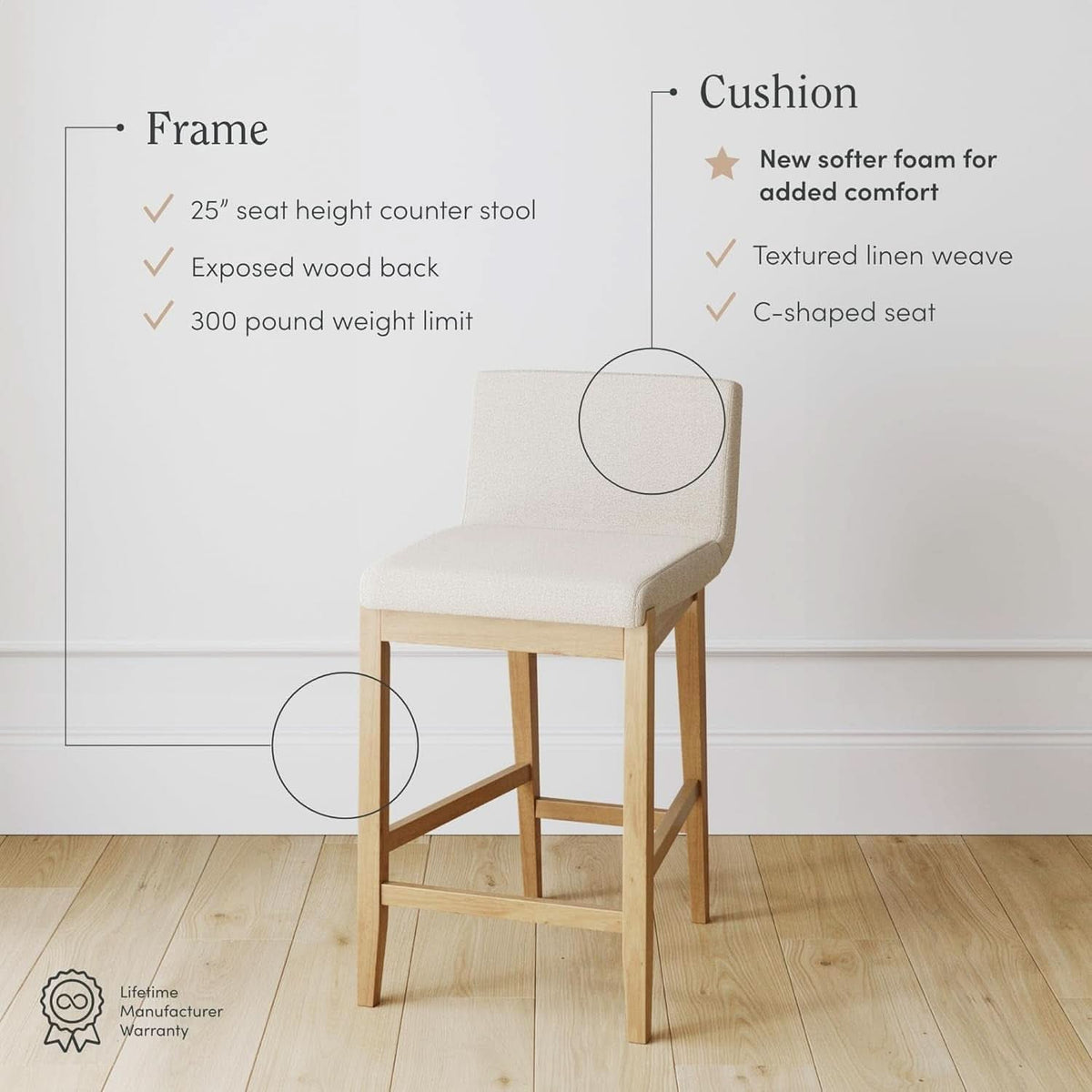 Gracie Modern Counter Height Bar Stool Cream Boucle