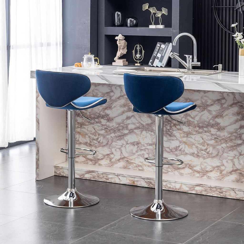 Blue Velvet Upholstered Adjustable Swivel Barstool Set Of 2