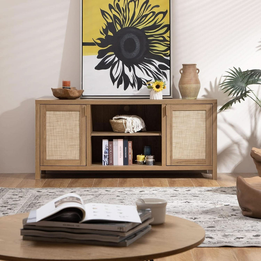 Boho Rattan TV Stand With Adjustable Shelves 59 Inch Oak