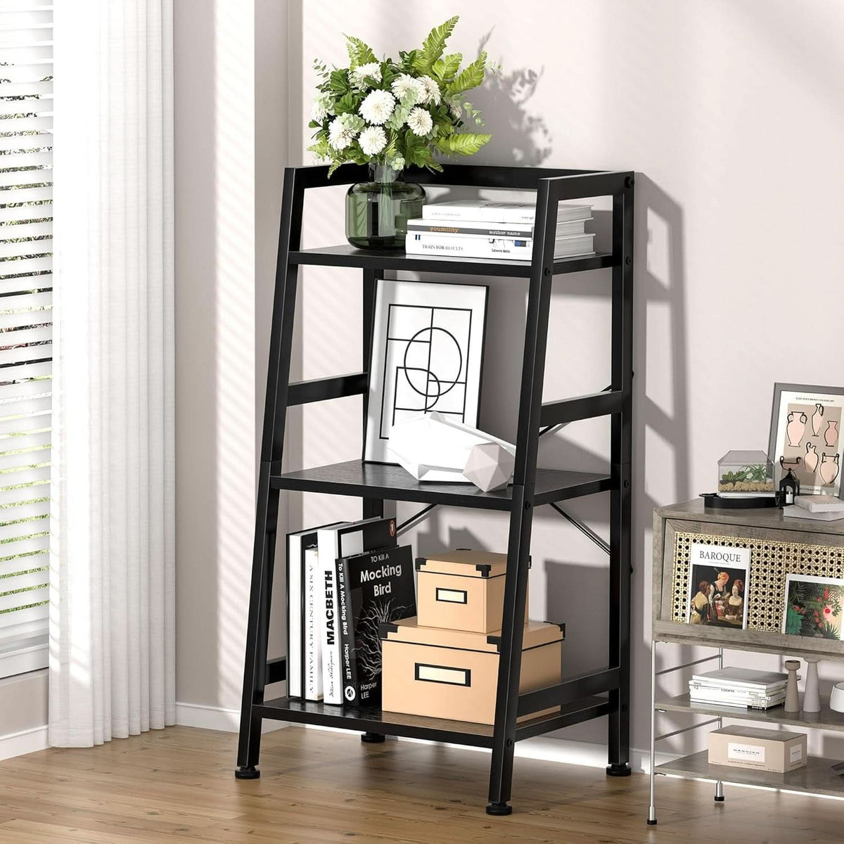 3 Tier Bookshelf Black Steel Frame For Living Room