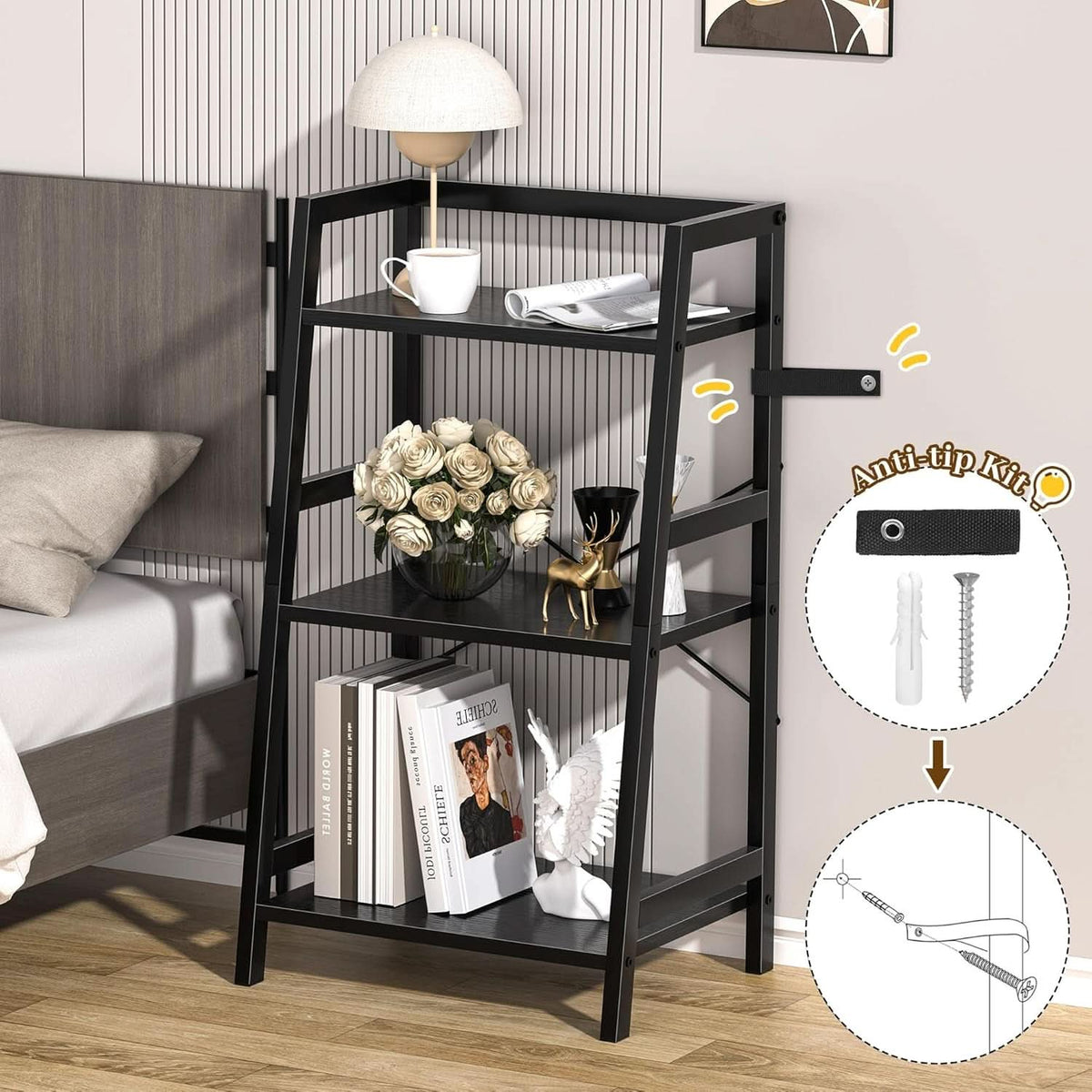 3 Tier Bookshelf Black Steel Frame For Living Room
