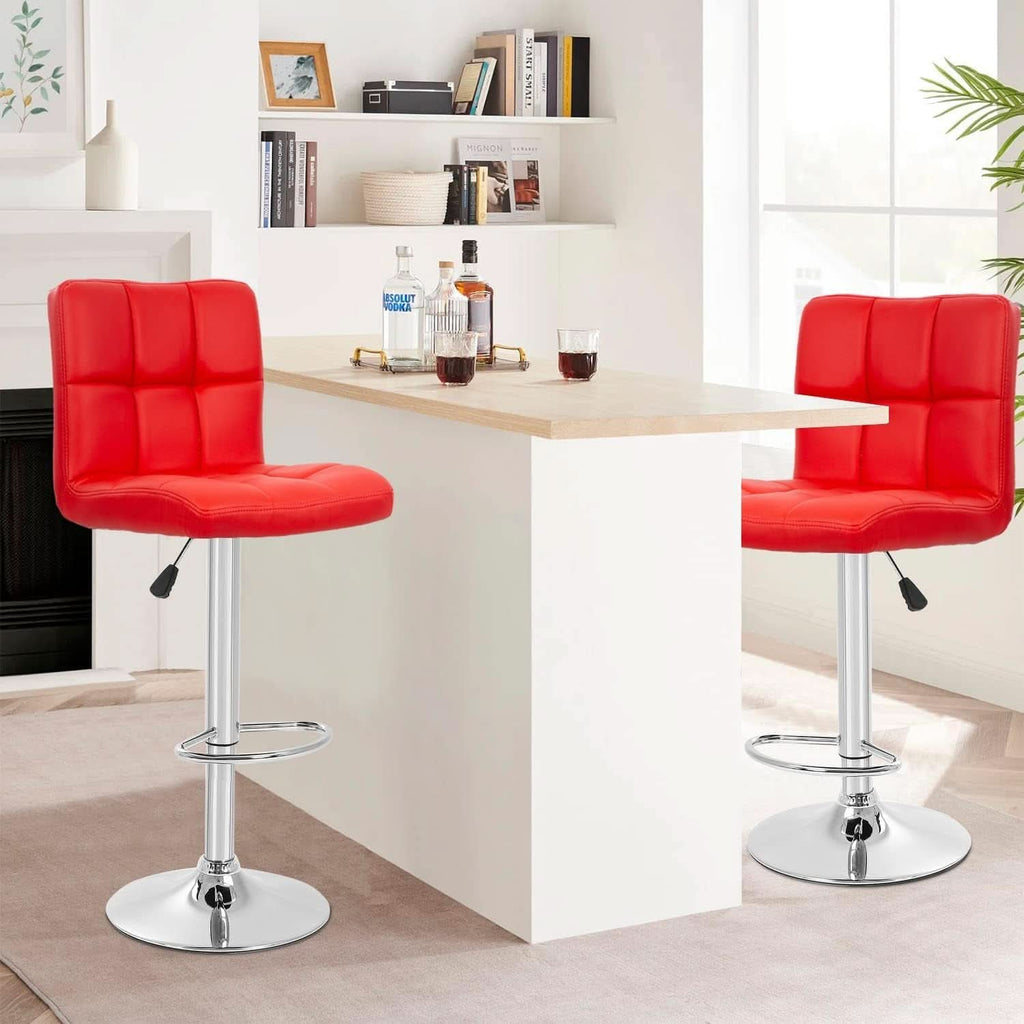Red Adjustable Swivel Bar Stools Set Of 2 PU Leather
