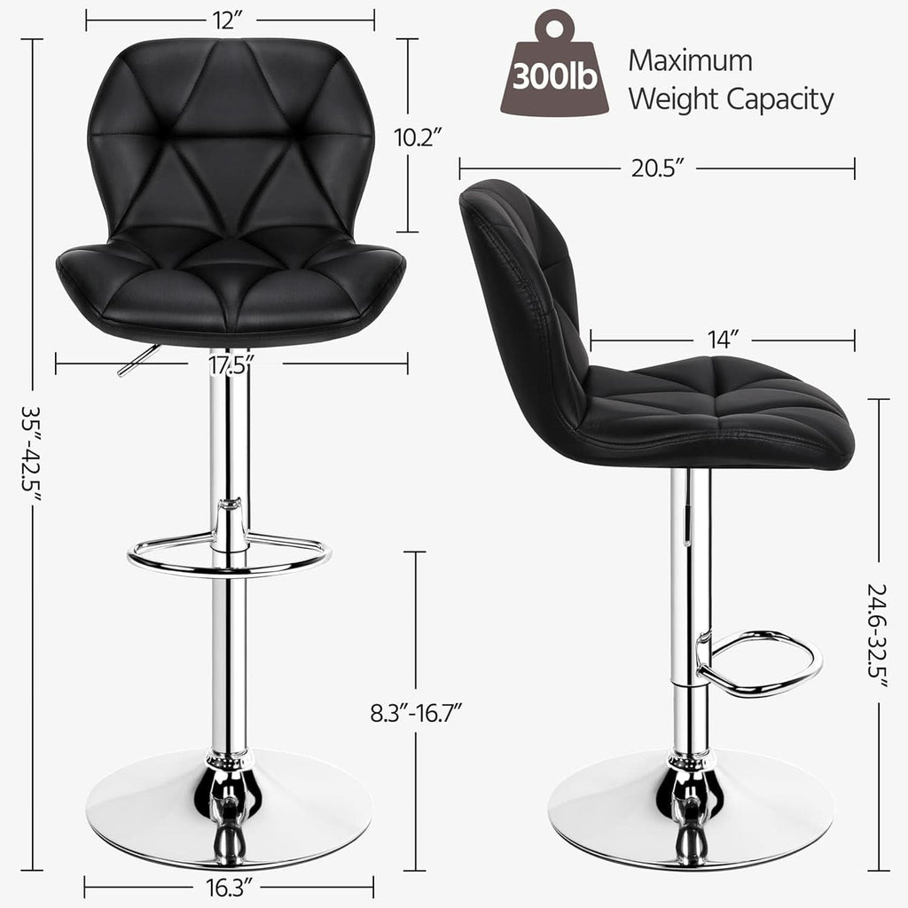 Set Of 2 Modern Adjustable Black PU Leather Bar Stools